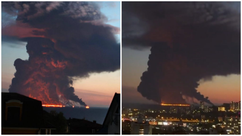 ВИДЕО: Голем пожар на танкер во Црно Море кај Сочи, спасени 23 членови на екипажот